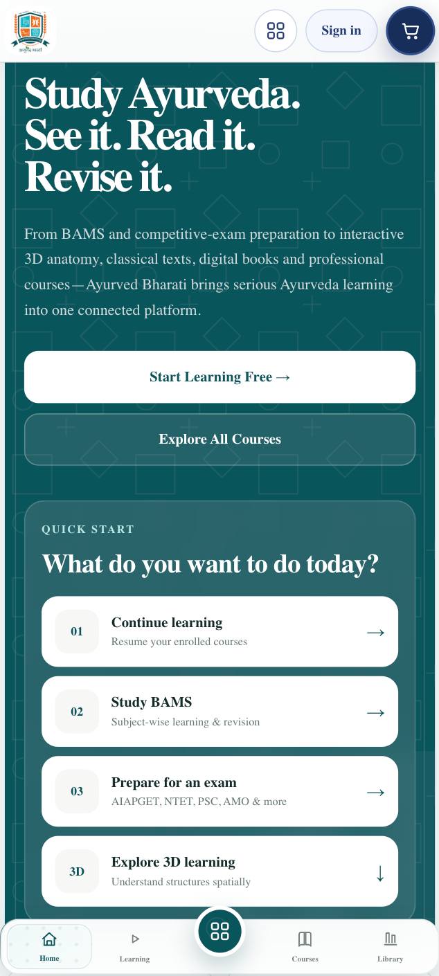 AyuBhaEdu — Custom Ayurveda Learning Platform desktop view