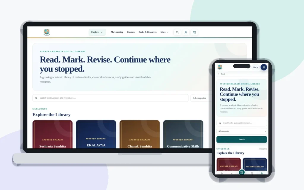 Desktop and mobile view of Ayurved Bharati Digital Library — Native Knowledge & eBook Platform