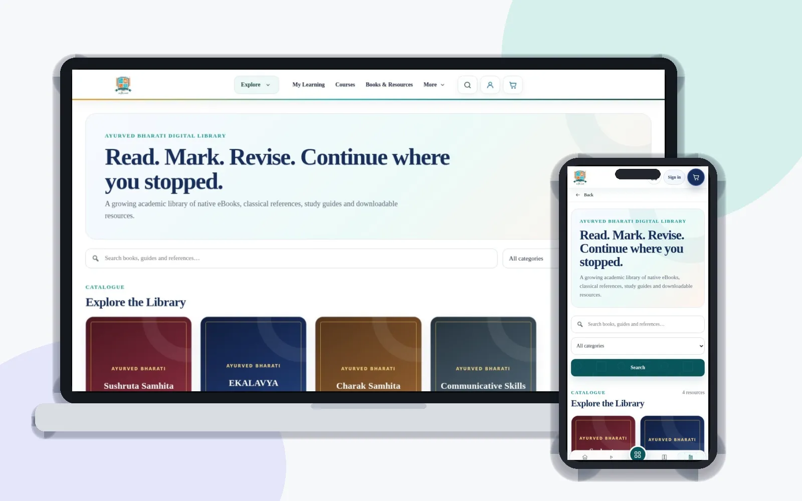 Desktop and mobile view of Ayurved Bharati Digital Library — Native Knowledge & eBook Platform