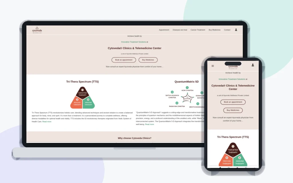 Desktop and mobile view of Cytoveda Clinics — Ayurveda Clinic & Telemedicine Website